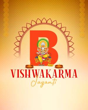 Vishwakarma Jayanti celebration with Lord Vishwakarma and the letter 'B'