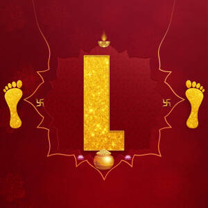Golden letter L with footprints, swastika, and diya on a red background