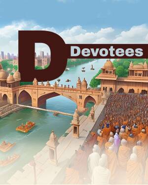 A vibrant illustration depicting a large gathering of devotees near a river ghat with historical architecture.