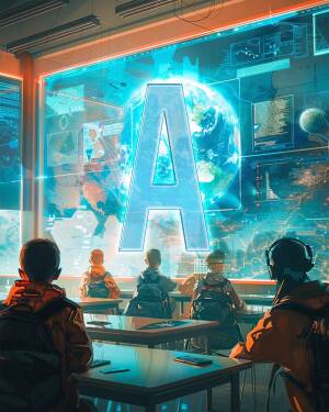 Students in a futuristic classroom looking at a holographic display of the letter 'A' and a globe.