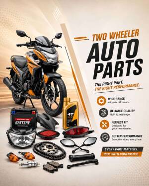 Motorcycle surrounded by various spare parts including battery, oil, lights, and mirrors on a promotional background.