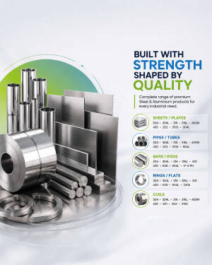 A variety of steel and aluminium sheets, pipes, rods, rings, and coils stacked together with product category listings.