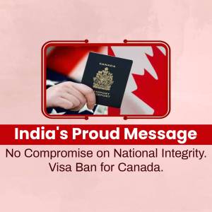 Image depicting a Canadian passport with the flags of India and Canada, alongside text regarding a visa ban.