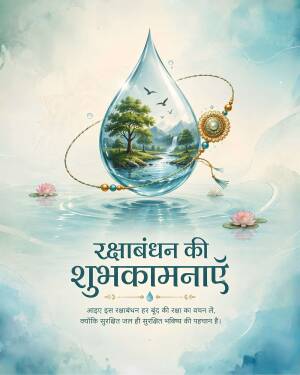 A water droplet containing a landscape scene surrounded by a Rakhi, with text in Hindi wishing a Happy Raksha Bandhan and promoting water conservation.