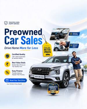 A promotional advertisement for preowned car sales featuring a silver Hyundai SUV and a smiling man standing next to it.