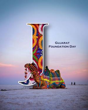 Gujarat Foundation Day image with a decorated camel and the letter 'G'