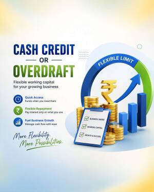 Business graphic showing cash credit and overdraft options with coin stacks and a financial checklist
