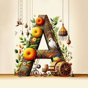 Letter A decorated with pumpkins, leaves, birds, and miniature objects