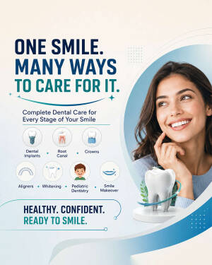 A dental clinic advertisement featuring a smiling woman and icons for dental procedures like implants, whitening, and aligners.