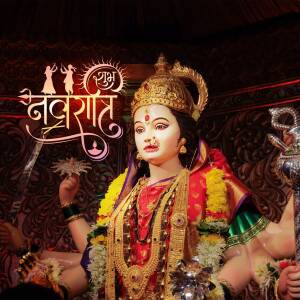 Close-up of a beautifully decorated Goddess Durga idol during Navratri celebrations