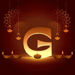 Golden letter G with Diwali lamp decorations