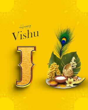 Vishu festival greeting with peacock feather and traditional elements