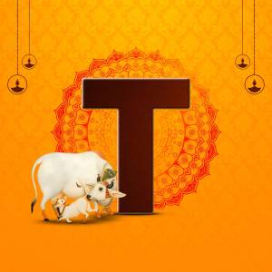 Image depicting a cow and calf with the letter 'T' and traditional decorations for Govardhan Puja.