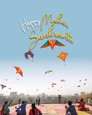 Colorful kites flying in a blue sky for Makar Sankranti
