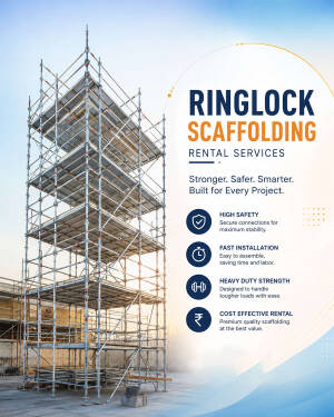 A tall metal ringlock scaffolding structure on a construction site with marketing text promoting rental services.
