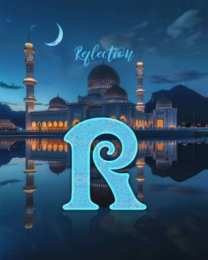 Mosque with crescent moon and the letter 'R' reflecting in water