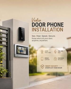 A smart video door phone system mounted on a gate pillar with feature icons below.