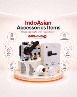 A collection of IndoAsian electrical accessories including switches and sockets on a display stand