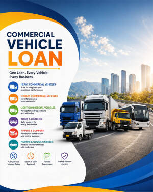 A commercial vehicle loan advertisement featuring various trucks and a bus on a highway with a city skyline in the background.