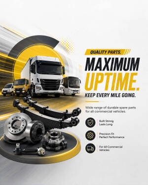 Various heavy-duty truck and bus spare parts arranged on a display platform with commercial vehicles in the background