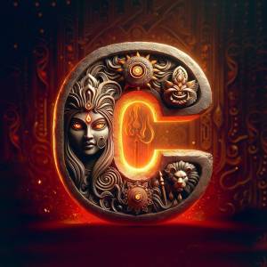 Intricate letter 'C' design featuring Goddess Durga and fiery elements