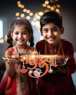 Two smiling children, a brother and sister, holding thalis with sweets and diyas for Bhai Dooj.