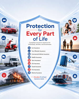 A creative poster showcasing various insurance services including car, bike, health, life, and travel insurance
