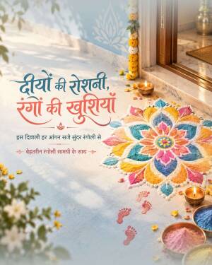 Colorful Rangoli design with Diya lights and marigold flowers for Diwali celebration