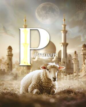 Image depicting the letter 'P' for Prayer with a lamb and mosque background.