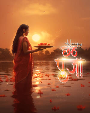 Woman offering prayers during Chhath Puja at sunset