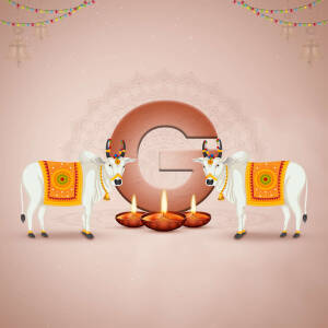 Illustration of cows flanking a large 'G' with lit diyas and festive decorations.