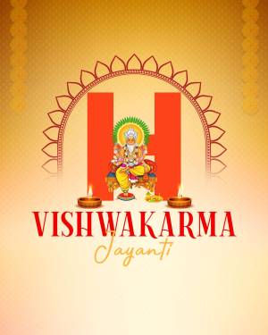 Vishwakarma Jayanti celebration with Lord Vishwakarma portrait and decorative elements