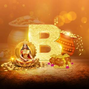 Image of Goddess Lakshmi seated on a lotus with gold coins and a large golden 'B' letter.