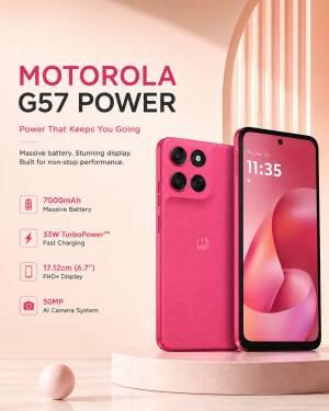 Promotional poster for the Motorola G57 Power smartphone in vibrant pink showcasing its technical specifications.