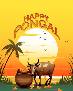 Happy Pongal illustration with a cow, pot of fruits, and sunset