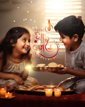 Two children celebrating Bhai Dooj with sweets and a diya.