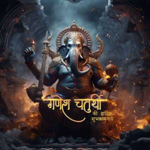 Lord Ganesha idol surrounded by fire and smoke with Hindi text for Ganesh Chaturthi