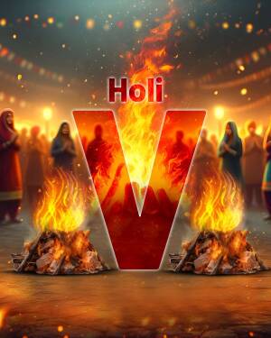 Holi festival image with a large letter 'V' formed by flames and a bonfire scene.