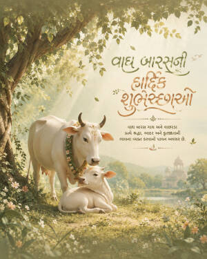 A serene landscape featuring a mother cow and her calf under a tree to celebrate Vagh Baras