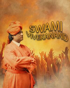 Portrait of Swami Vivekananda with a crowd in the background