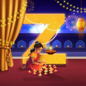 A woman lighting oil lamps during a Diwali celebration.