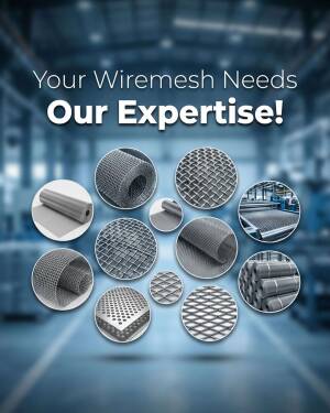Various types of industrial wire mesh and metal screen products displayed in circles against a blurred factory background