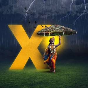 A digital artwork depicting Lord Krishna holding a cloud amidst a thunderstorm with a large letter 'X' in the foreground.