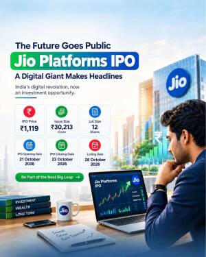A professional man viewing a stock market chart on a laptop, highlighting details about the Jio Platforms IPO including price, dates, and size.