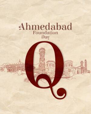 Ahmedabad Foundation Day celebration graphic with a large 'Q' and city skyline
