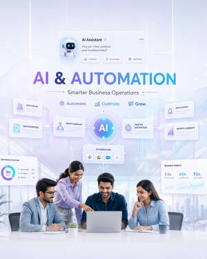 A team of diverse professionals collaborating on business automation strategy with AI digital interface elements.