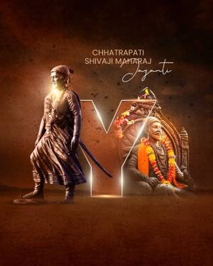 Poster commemorating Chhatrapati Shivaji Maharaj Jayanti with a portrait of the warrior king and a stylized 'Y' design.