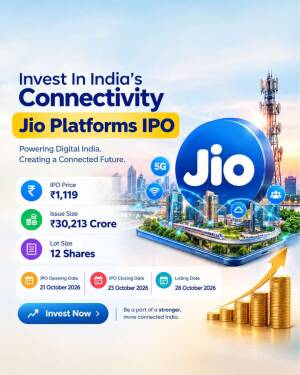 Jio Platforms IPO infographic showing investment details, stock price, and connectivity theme