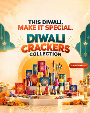 A colorful Diwali promotional poster featuring various firework boxes and crackers with diyas and marigold flowers.