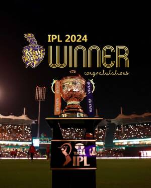 Kolkata Knight Riders winning the IPL 2024 trophy with a stadium background